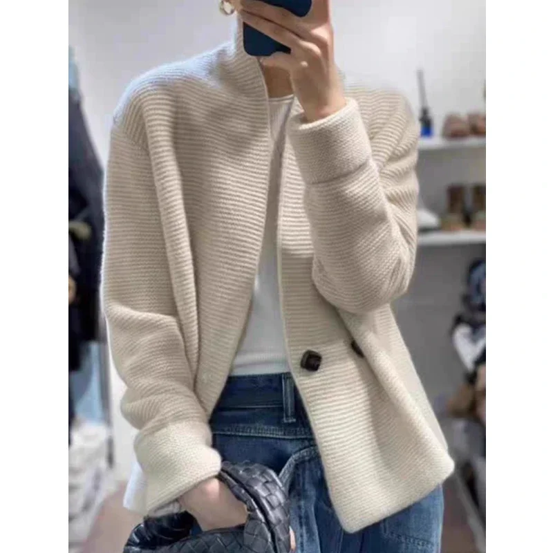 New Autumn and Winter Button Women's Knitted Sweater Elegant Office Women's Solid Color Cardigan Double-breasted Jacket