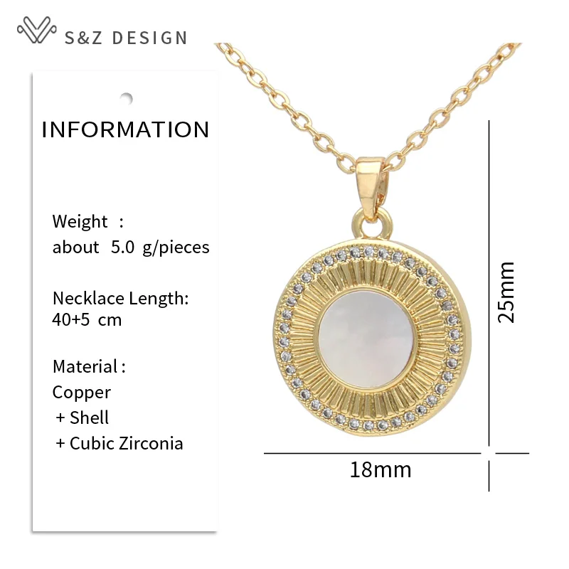 S&Z DESIGN New Fashion Micro Wax Inlay Cubic Zirconia Gold Color Round Shell Pendant Necklace For Women Elegant Classic Jewelry