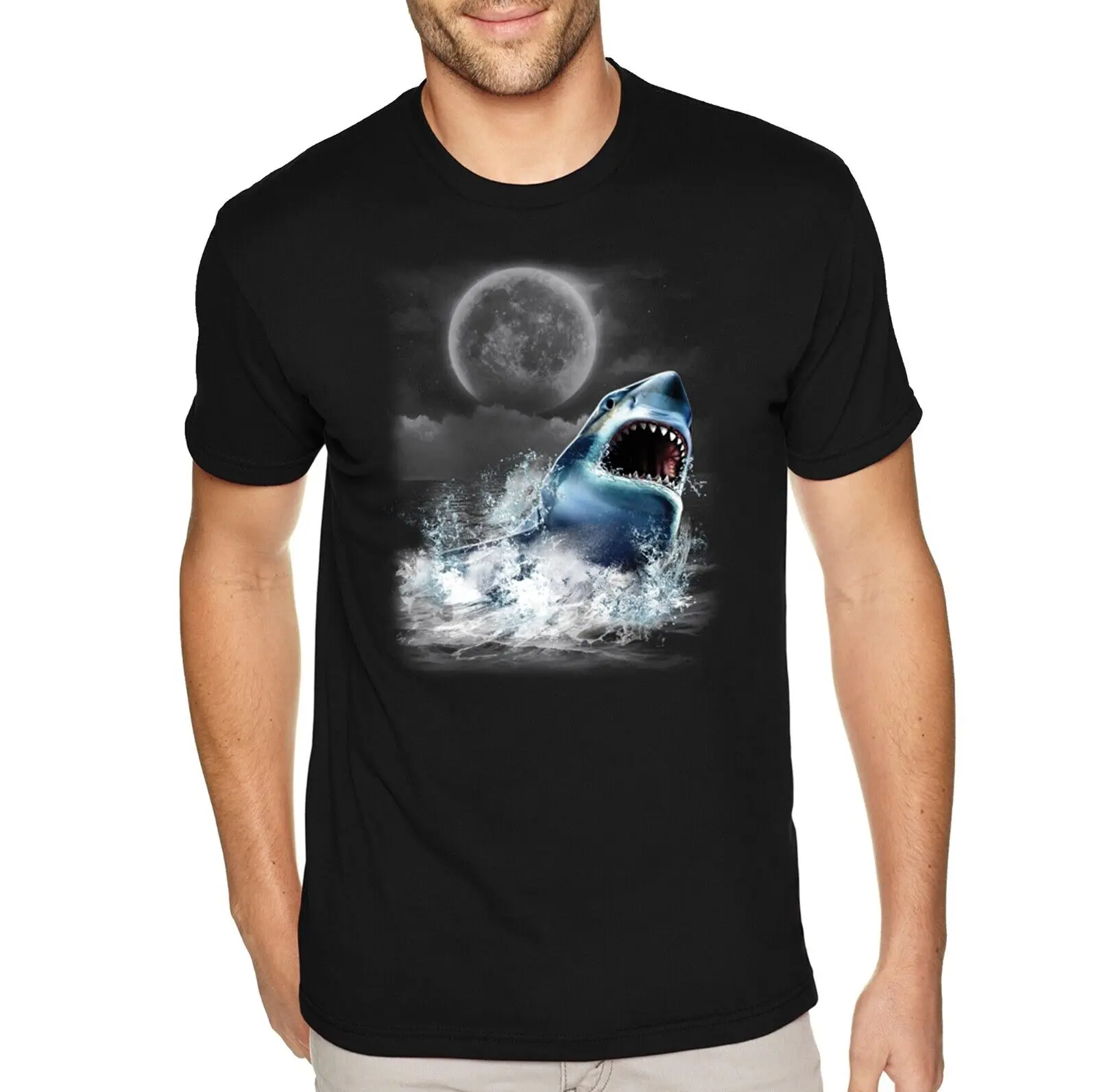 T-Shirt Da Uomo Great White Shark Moon, Beach Ocean Sea Swim Mako Tiger Jaws Shirt