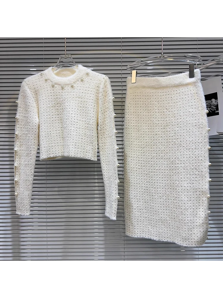 

HIGH STREET Newest 2024 Designer Runway Suit Set Women's Pearl Beaded Sweater Knit Skirt Set