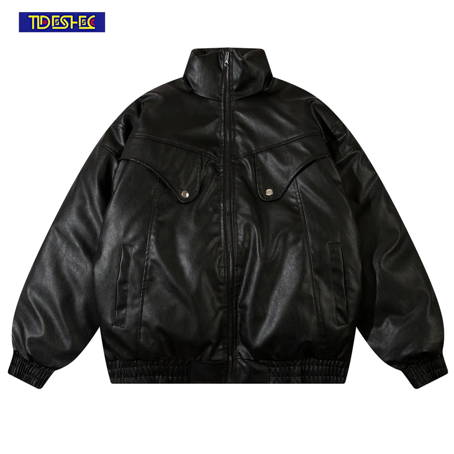 

Winter Hip Hop Vintage Streetwear Oversized Men Thick Pu Leather Stand Collar Jacket Women Zip Up Designer Unisex Clothes 2024