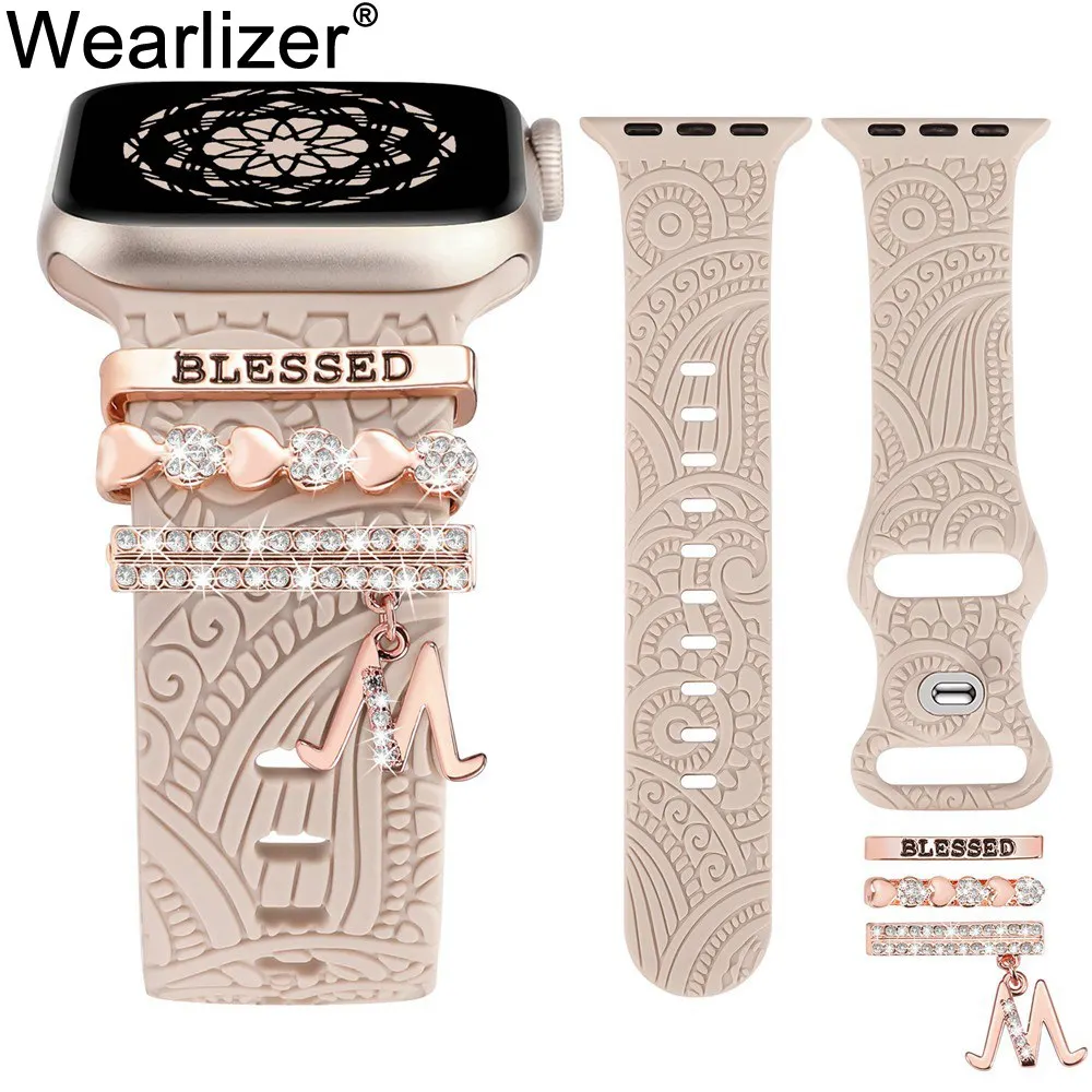 

Ремешок Wearlizer с цветочной гравировкой и декоративными подвесками для Apple Watch, 41 мм, 40 мм, 38 мм, Женский Блестящий ремешок для iwatch 9, 8, 7, SE, 6, 5, 4