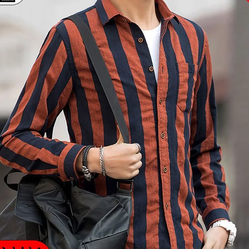 Spring Autumn New Fashion Striped Shirt Man Turn-down Collar Long Sleeve Single Breasted Cardigan High Street Contrast Color Top images - 6