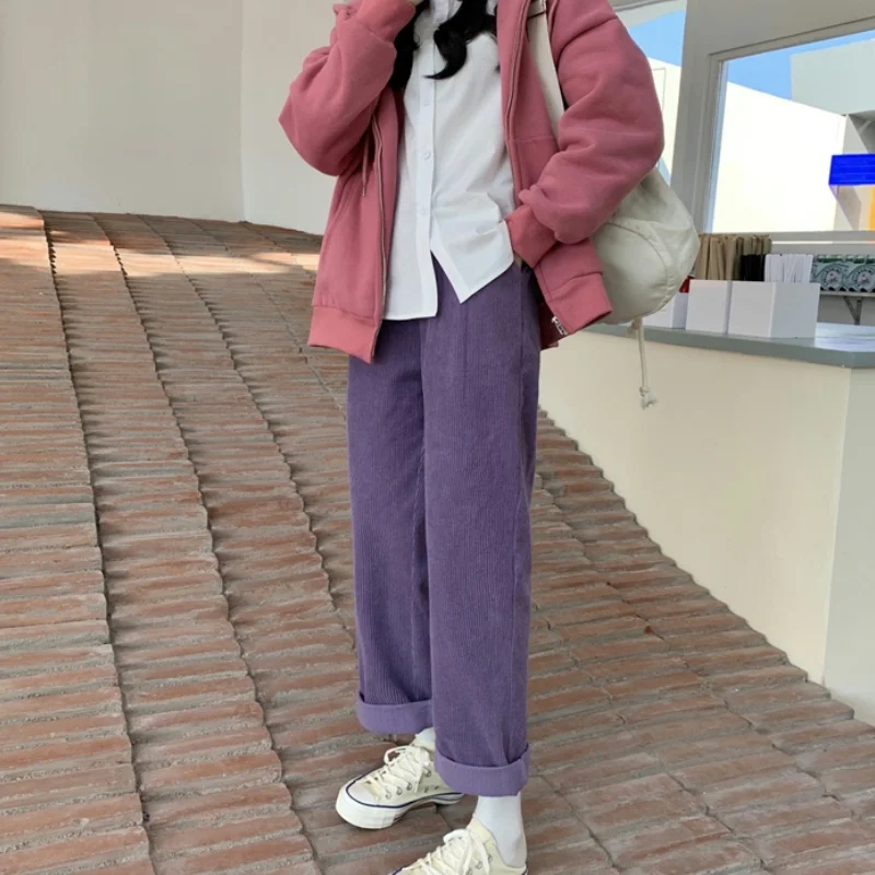 

Fashion Bottoms Purple Button Casual Pants Corduroy High Waist Wide Leg Pants Vintage Straight Bind Feet Trouser Ladies Spring