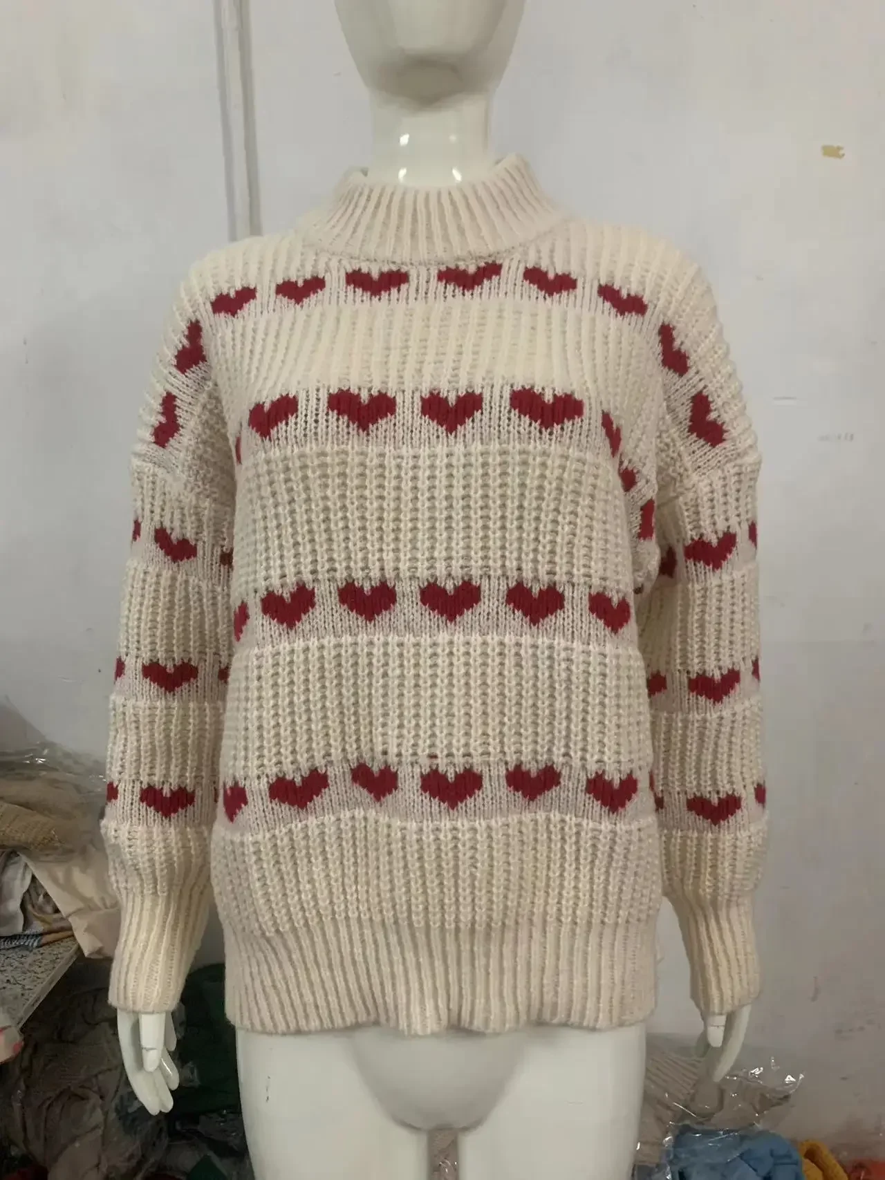 Kintted Sweater Women Heart O-neck Crochet Y2k Top Long