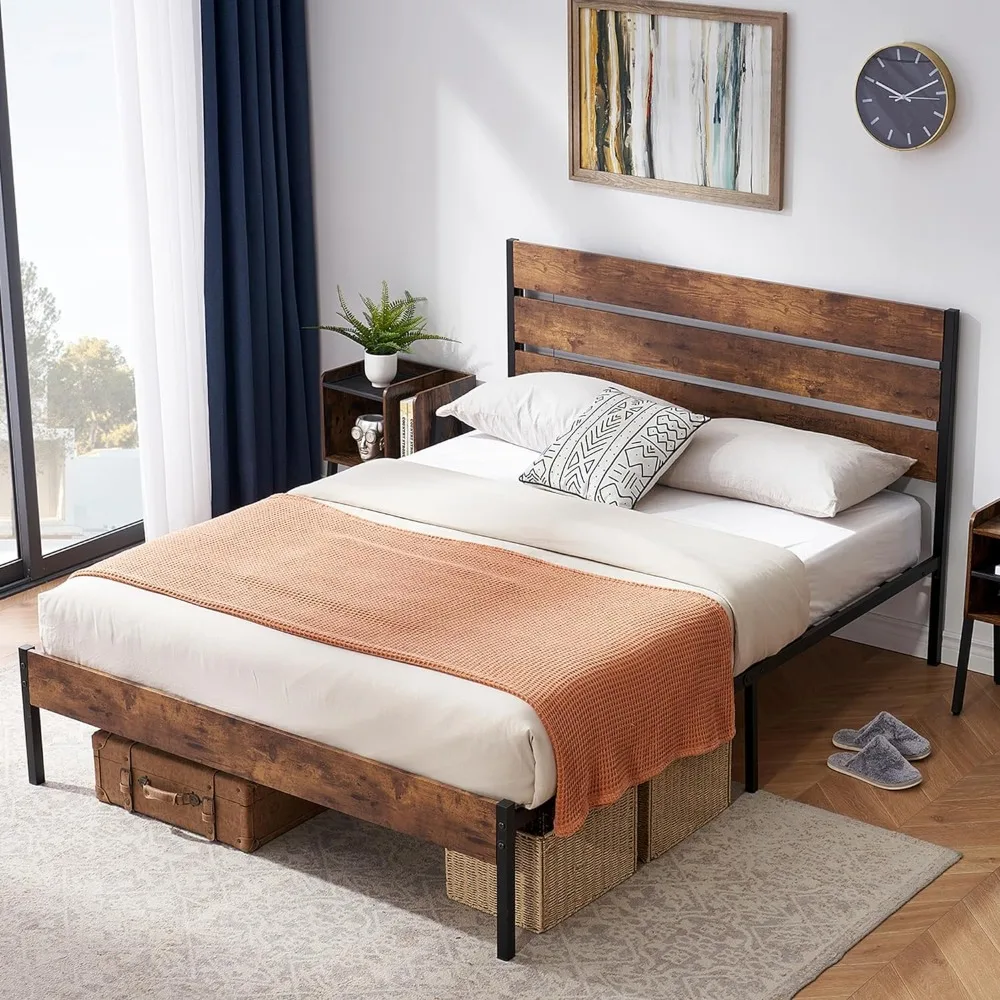 

Platform Queen Bed Frame with Rustic Vintage Wood Headboard and Footboard, Mattress Foundation, Strong Metal Slats Support,