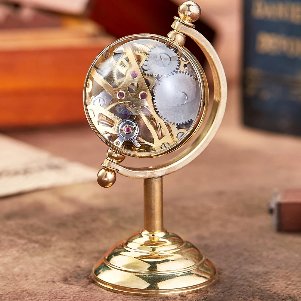 New Arrival Globe Mechanical Pocket Watch Gold Creative Men's Desk Clock Unique Transparent Copper Desk Clock reloj hombre Gifts