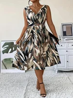 European and American Plus-Size Elegant Women's Fashion Printed Sexy V-Neck Stylish Slim-Fit Sleeveless Dress for Work