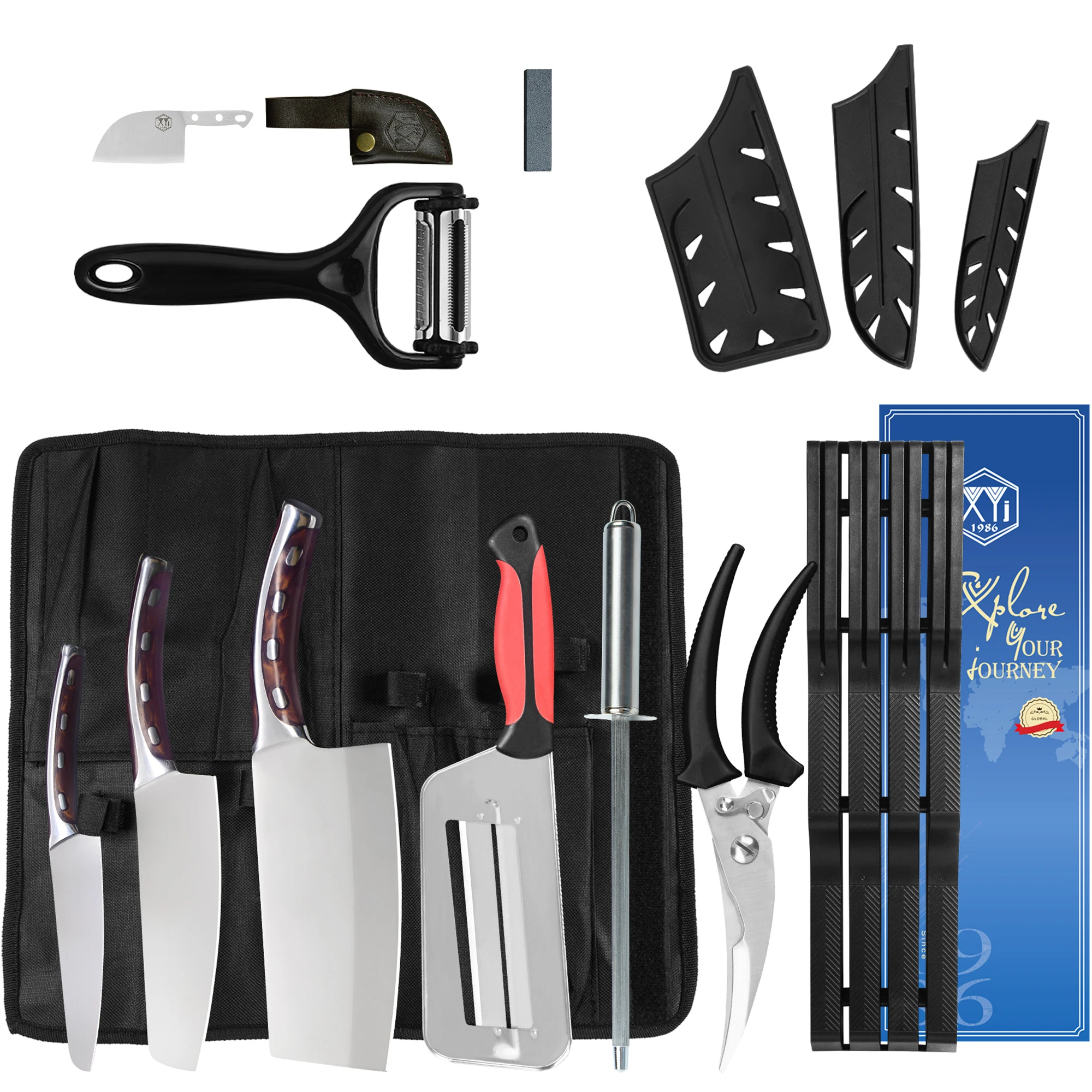 

XYJ 7pcs Knife Set With Block 4cr14 Stainless Steel Chef Knives Roll Bag Peeler Sharpen Stick Poultry Scissors Mini Blade Covers