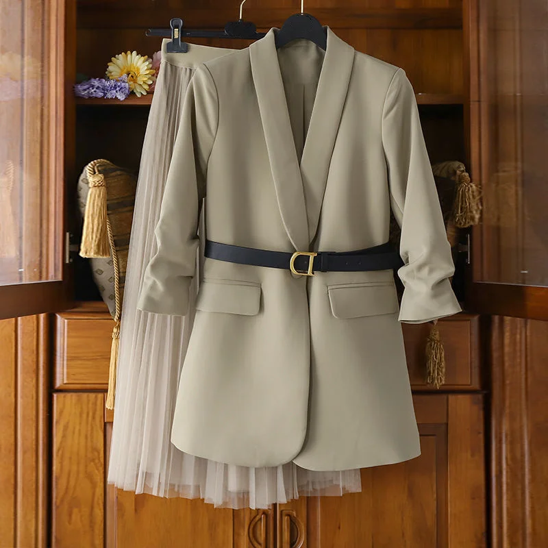  Fall Winter Women Oversized Two-piece Set Long Coat Suit and Mesh Skirt Female Elegant Solid Blazer Dress Suits with Belt