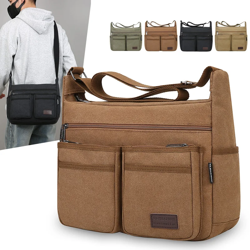 Neutral business casual crossbody bag - adjustable shoulder straps, multiple zippered compartments, durable black polyester lini