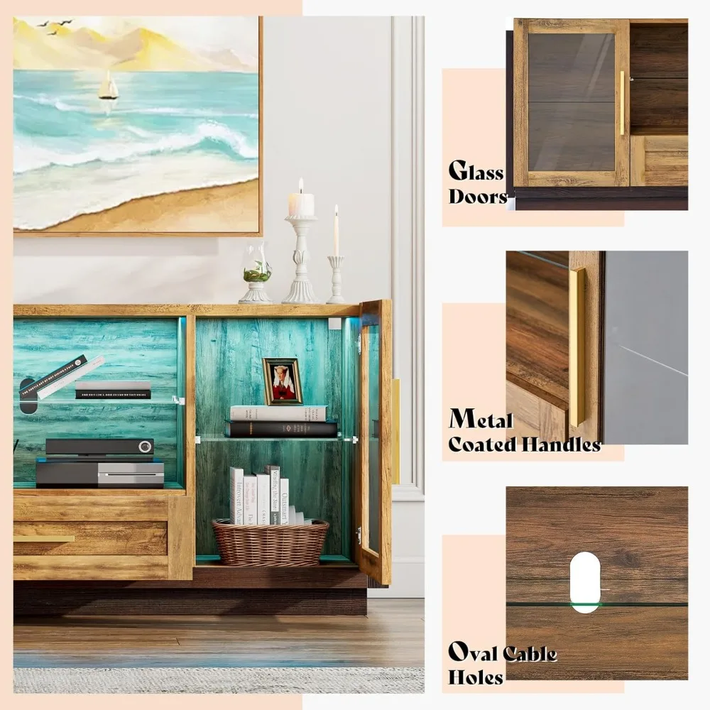 Cabinet with LED Lights, 60" Coffee/Wine Bar Cabinet with Glass Doors & Open Shelves & Drawers, Modern Entryway Console Table