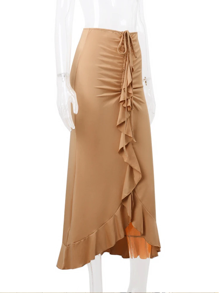 Sexy Ruffles Irregular Skirts Women Summer Charm Long Skirt Slim Party Bodycon Maxi Skirt Black Y2K Casual Club Fishtail Skirt