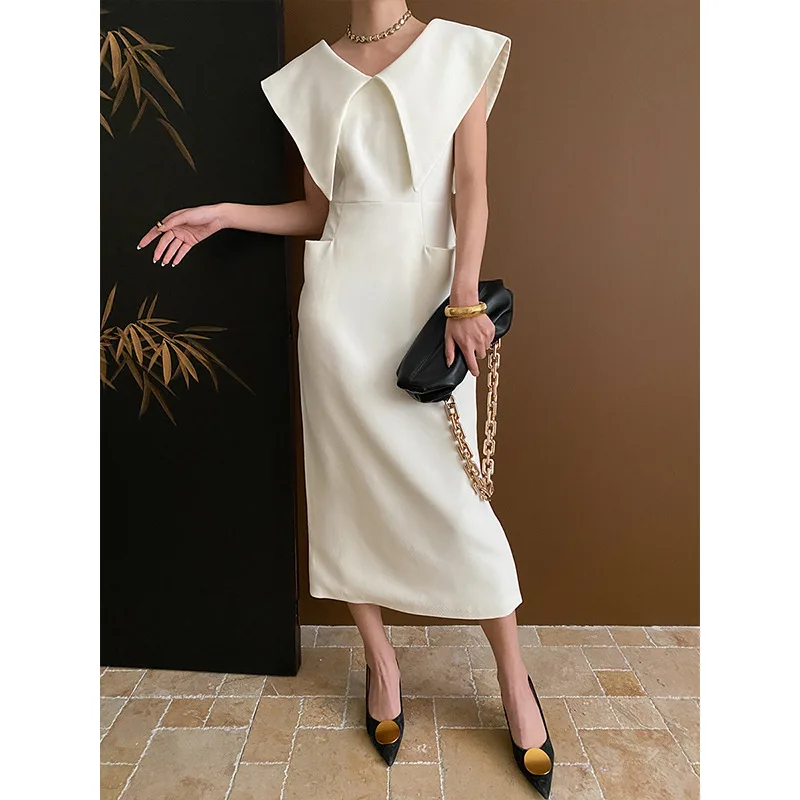 

SuperAen 2024 Spring New Designer Style Pointed Neck Waist Split Dress Sleeveless Casual Dress