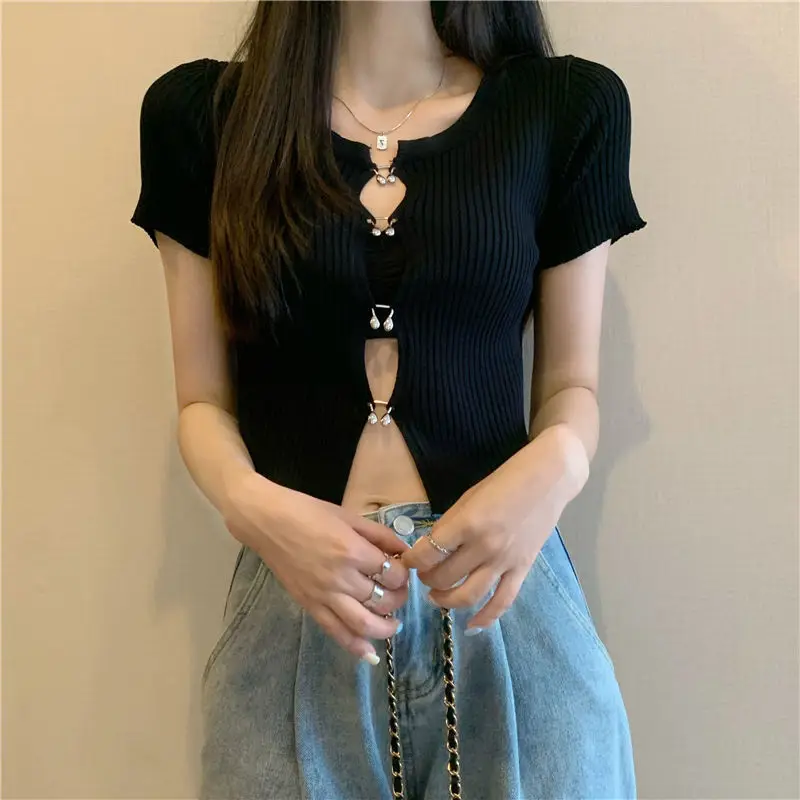 

Sexy Ring Split Long-sleeved Slim Long-sleeved V-neck Pit Strip Stitching Short Top Sweater T-shirt Casual Streetwear Aesthetic