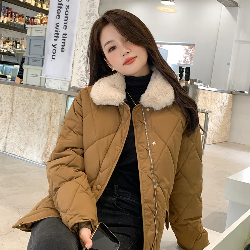 Winter Korean Thick Add Cotton Coat Women Casual Zipper Up Short Furry Collar Jacket Warm Down Cotton Parkas Woman