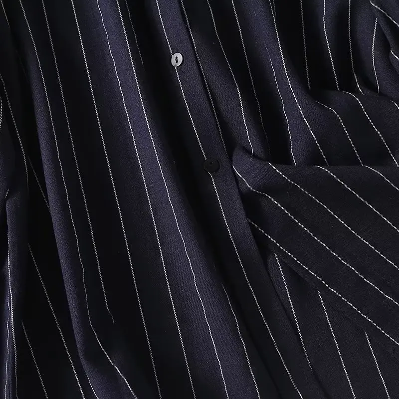 Withered French Office Ladies Elegant Vintage Striped Linen Shirt Boyfriend Style Navy Blue Fashion Loose Shirt Tops Women