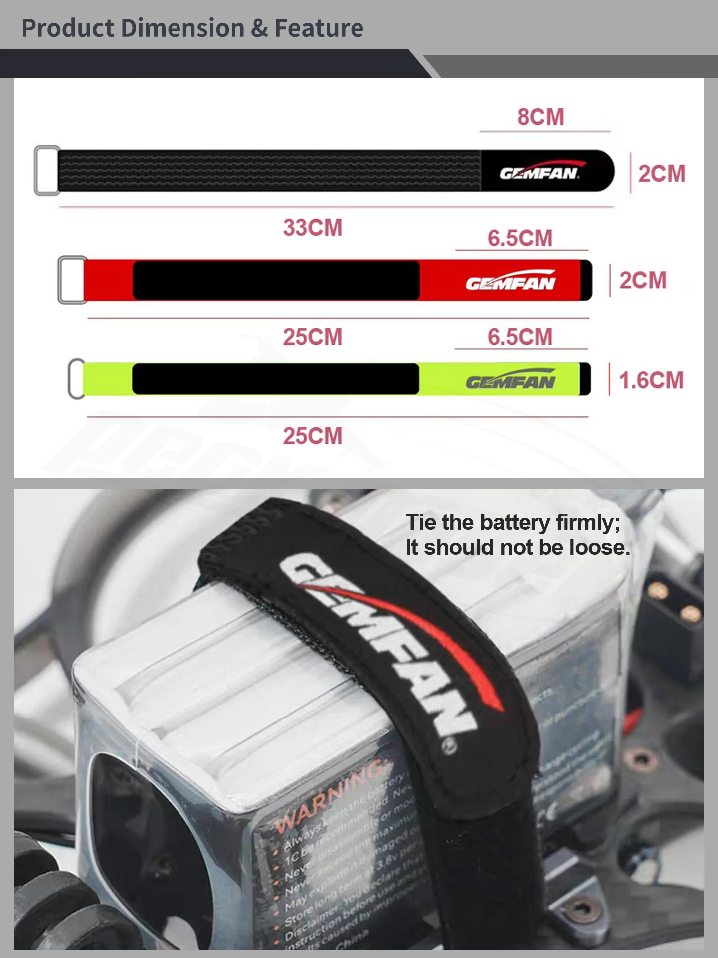 Gemfan GF FPV rutschfester Batterieumreifungsgürtel mit Metallklammern zur Batteriefixierung (fluoreszierendes Grün, Rot, Schwarz) – Detail 2
