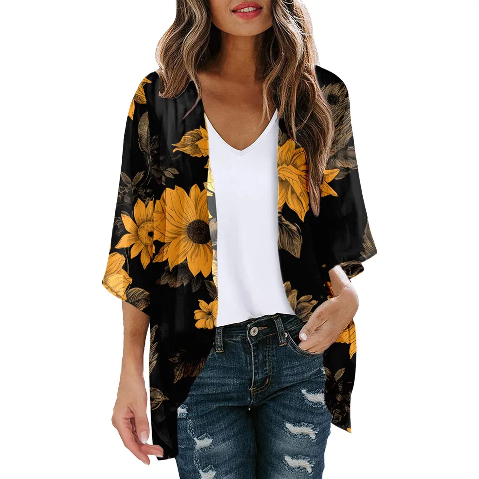 Women Floral Print Puff Sleeve Kimono Cardigan