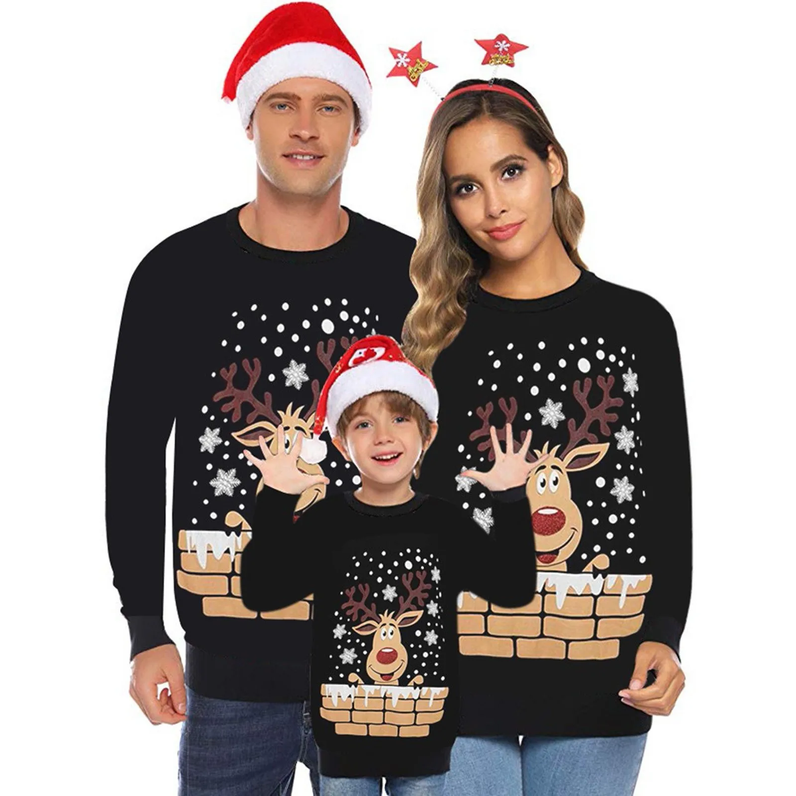 thumbnail image 1 of Sudadera fea de estilo navideño en 3D con apariencia familiar y estampado de renos, conjunto navideño para padres e hijos, trajes a juego, jersey navideño, 1 of 5