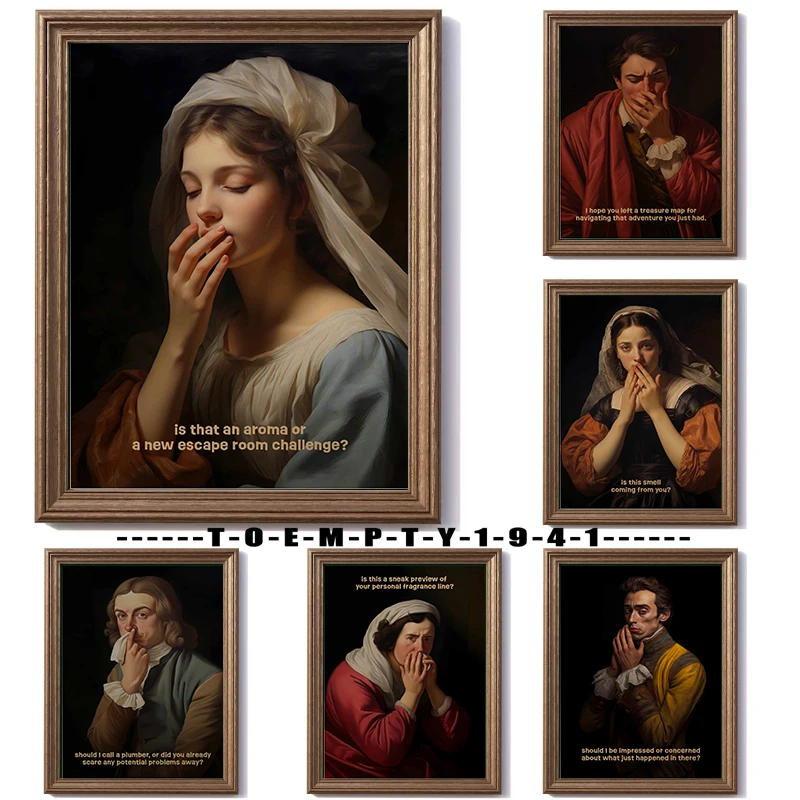 Bathroom Vintage Portrait Painting Funny Artwork Poster Funny Bathroom Wall Art Classical Oil Painting Toilet Canvas Print