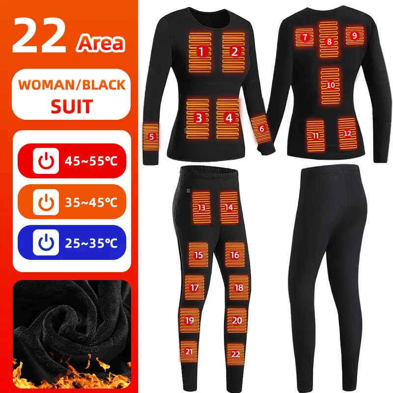 thumbnail image 1 of Conjunto de ropa interior con calefacción de 22 zonas para hombre y mujer, traje de invierno con calefacción, pantalón térmico para motocicleta con alimentación eléctrica por USB, 1 of 5