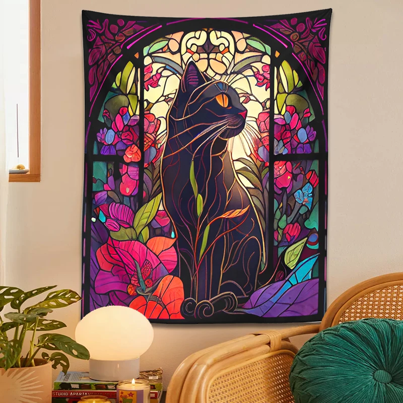 Mystery Cat Tapestry Wall Hanging Glass Floral Wall Art Print Cute Cat Wall Decor Cat Lovers Gift Boho Home Room Decor