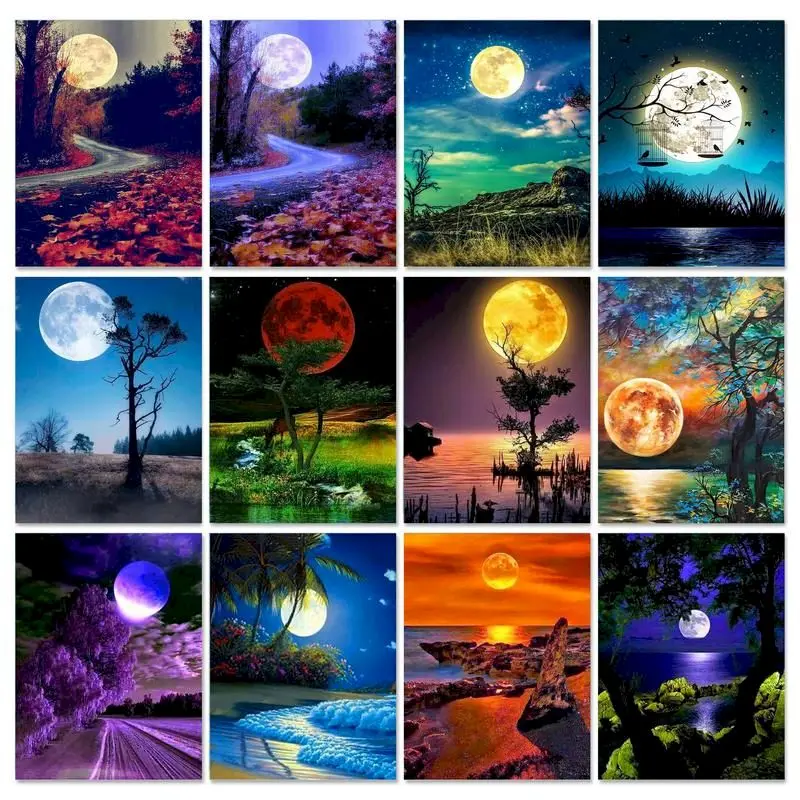 GATYZTORY Oil Painting By Numbers Handpainted Night Moon Sky For Adults Coloring On Number