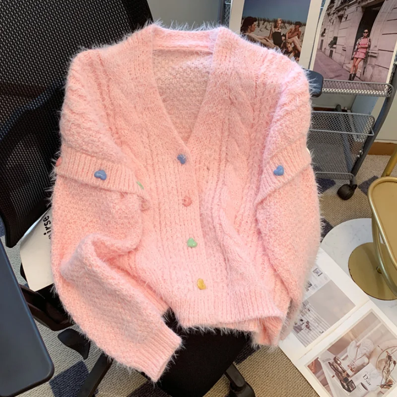 

2024 Women Pink Clothing Cardigan Knitting Sweater Long Sleeve Cashmere V-neck Korean Fashion Coat Female Blue Winter Tops