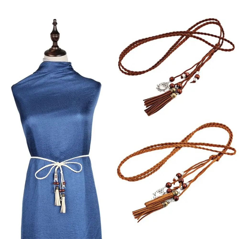 

For Girls Thin Woven Rope Boho Style Knot Decorated Dress Accessories Waist Rope Tassles Belts Waist Chain Braided Belt