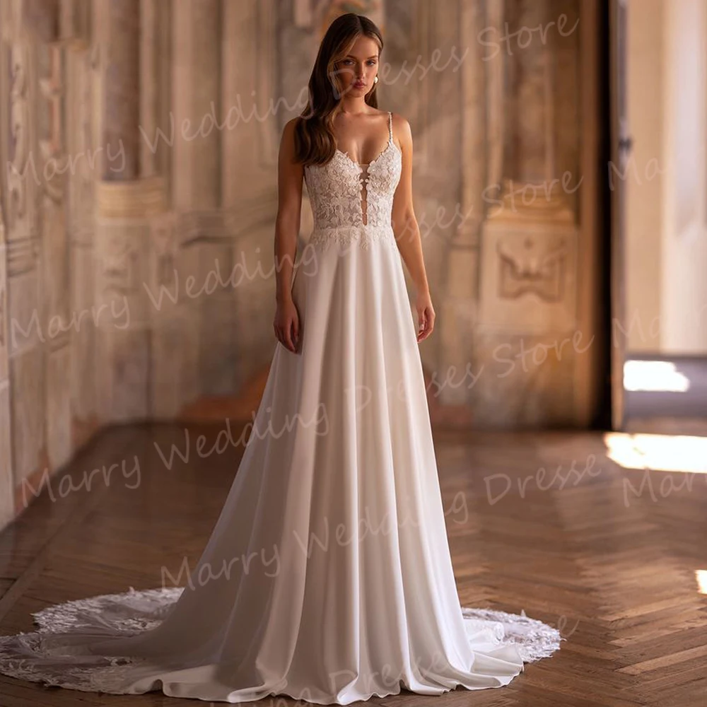 

Charming A Line Women's Wedding Dresses Vintage Lace Appliques Bride Gowns Sexy Sweetheart Spaghetti Straps Vestidos Novias Boda