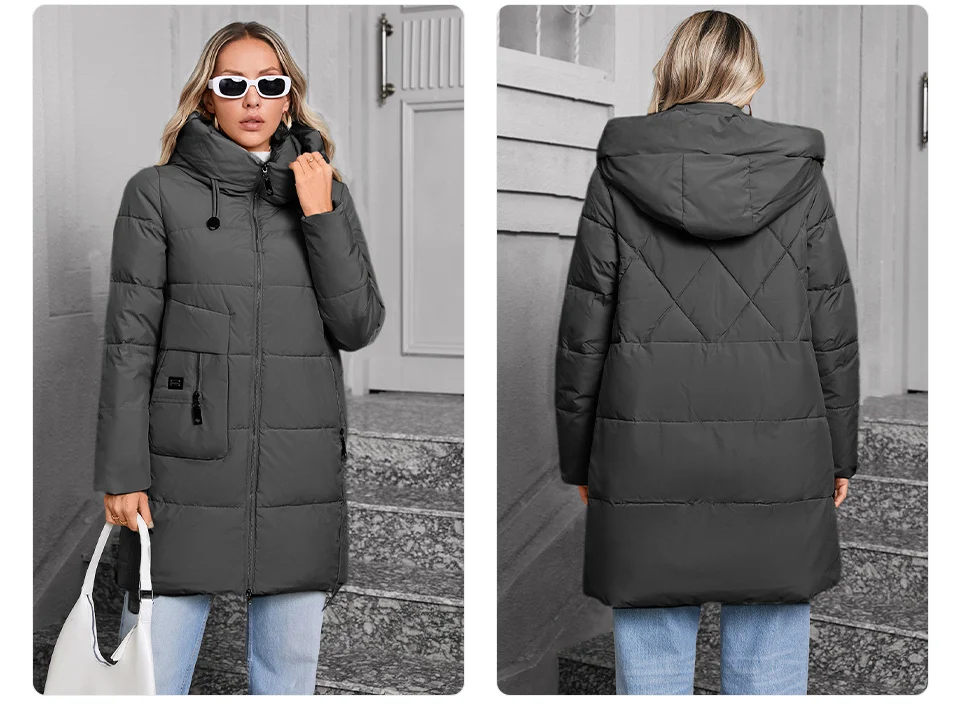 GASMAN 2024 Women Down Jacket Medium Classic zipper design Big Pocket Stand Collar Hooded Slim coat Women Parkas 83356