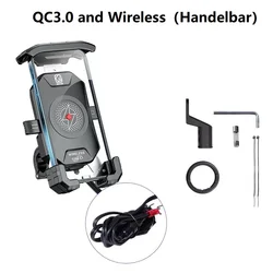 Motorcycle Phone Holder with USB & Wireless Charging - Waterproof Bracket Stand (QC3.0 and Wireless)