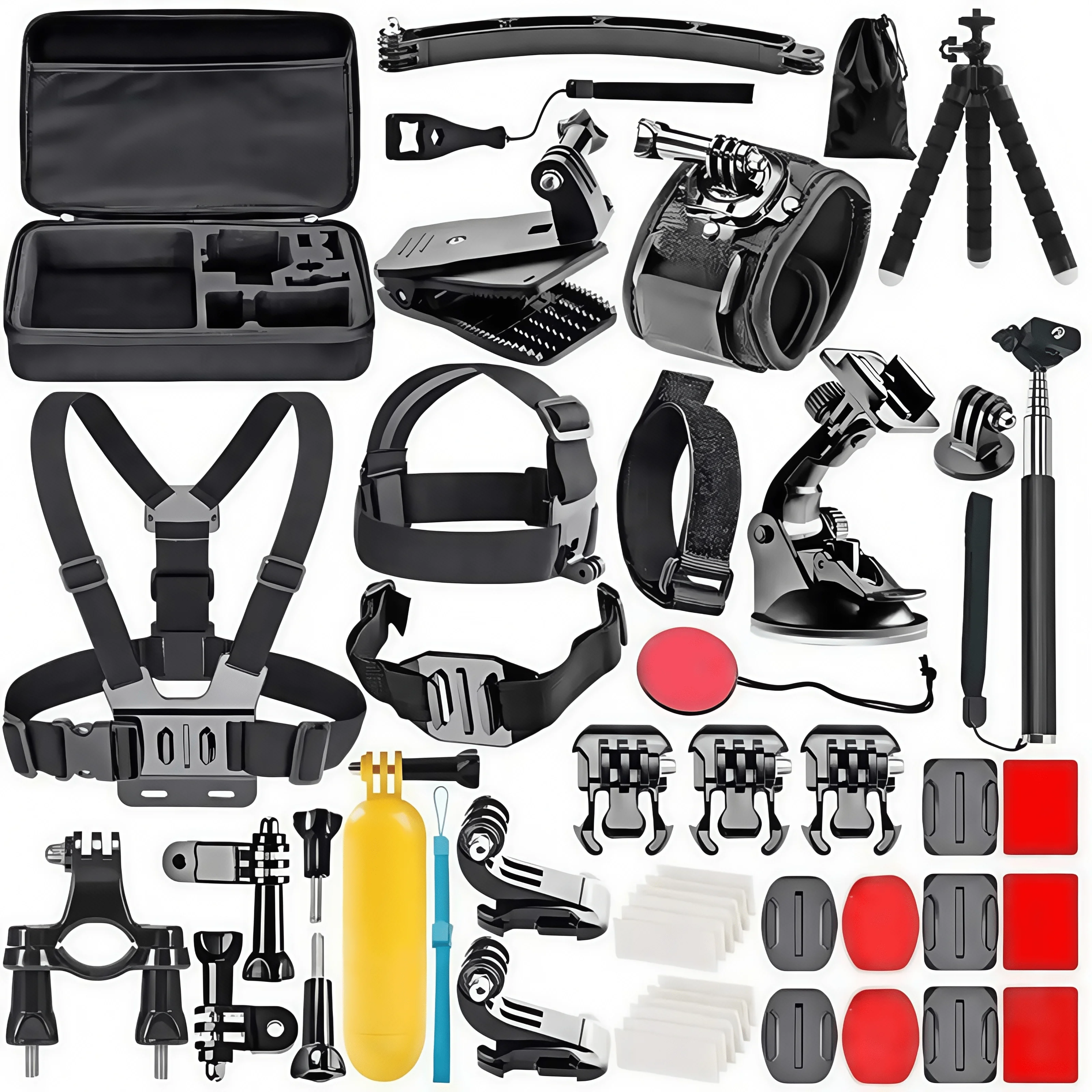 Support de fixation et adaptateurs du kit d'accessoires 50 en 1 pour caméra d'action montrés sur fond blanc.