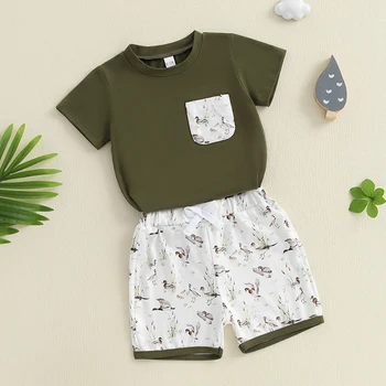 Boys Summer Outfit Sets with Short Sleeve O Neck Tops and Cute Duck Print Drawstring Shorts - Casual and Comfortable Summer 1