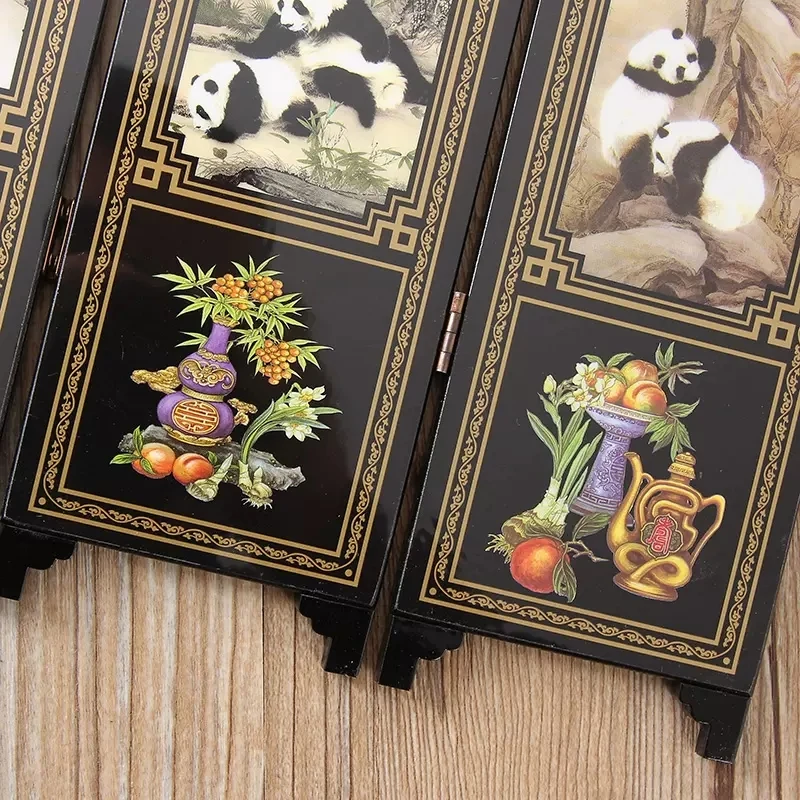 Chinese Style Mini Folding Screens, Panda Decoration, Ornaments, Mini Table Room Glass Partition, Home Decoration