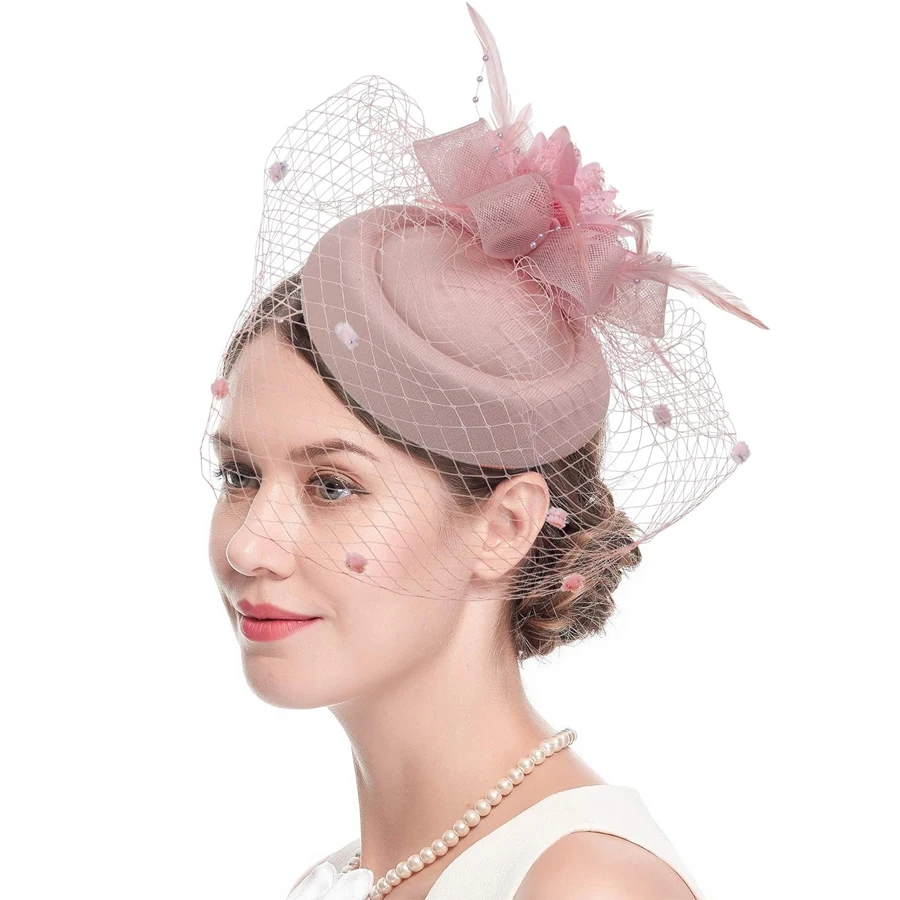 Fashion Hat Fascinator Hats for Women 20s 50s Vintage Pillbox Hat Kentucky Derby Fascinators Flower Veil Hair Clip Wedding Tea Party Hat