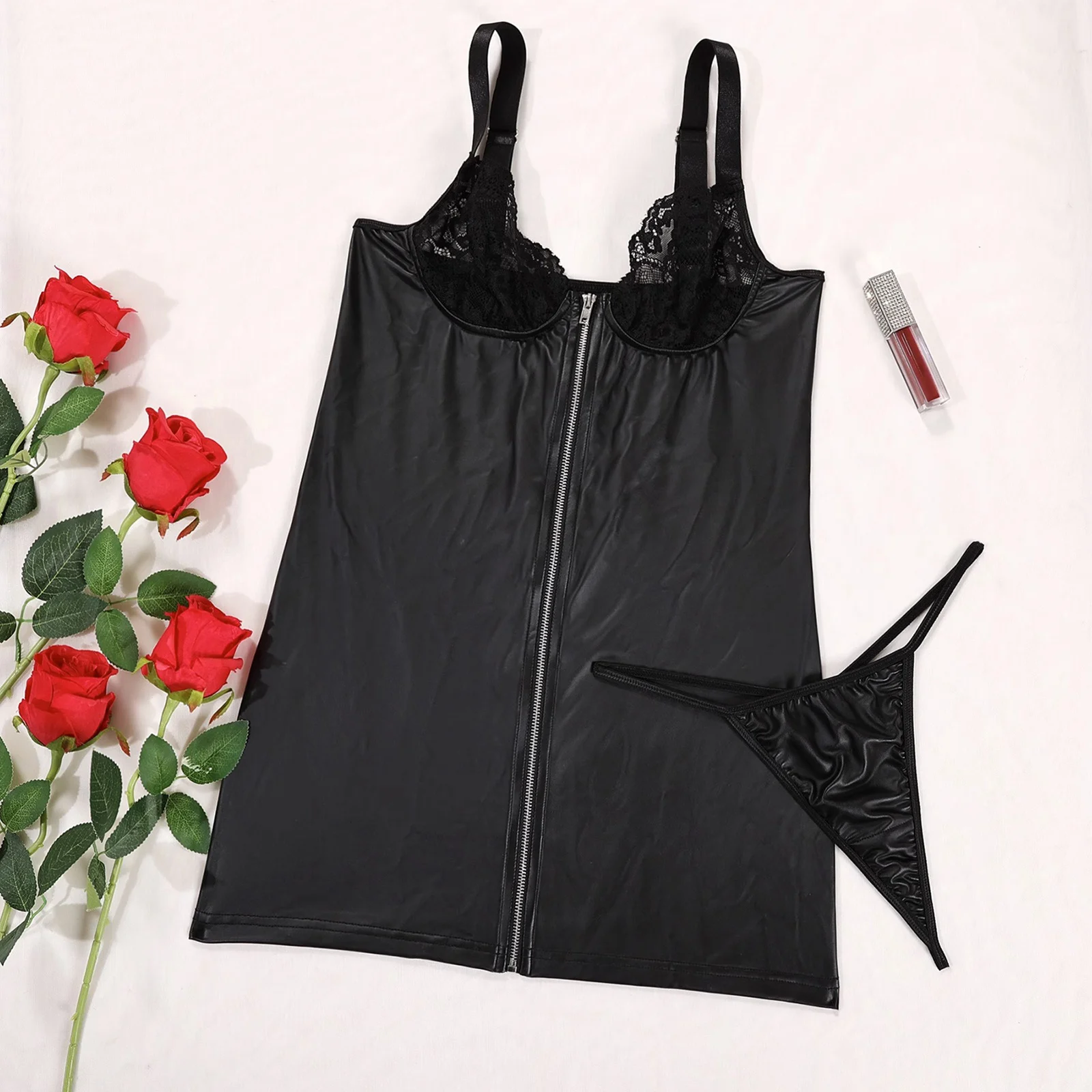 Women's Sexy Party Bodycon Leather Latex Dress Slim Package Hip Mini Dress Deep V Neck Front Zipper Female Clothing with Thongs 5