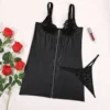 Women's Sexy Party Bodycon Leather Latex Dress Slim Package Hip Mini Dress Deep V Neck Front Zipper Female Clothing with Thongs 5
