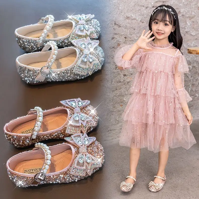 

Children's Bow Princess Rhinestone Square Toe Leather Shoes Girls Shiny Pearl Princess Performance Non-Slip Kids Baotou Sandals