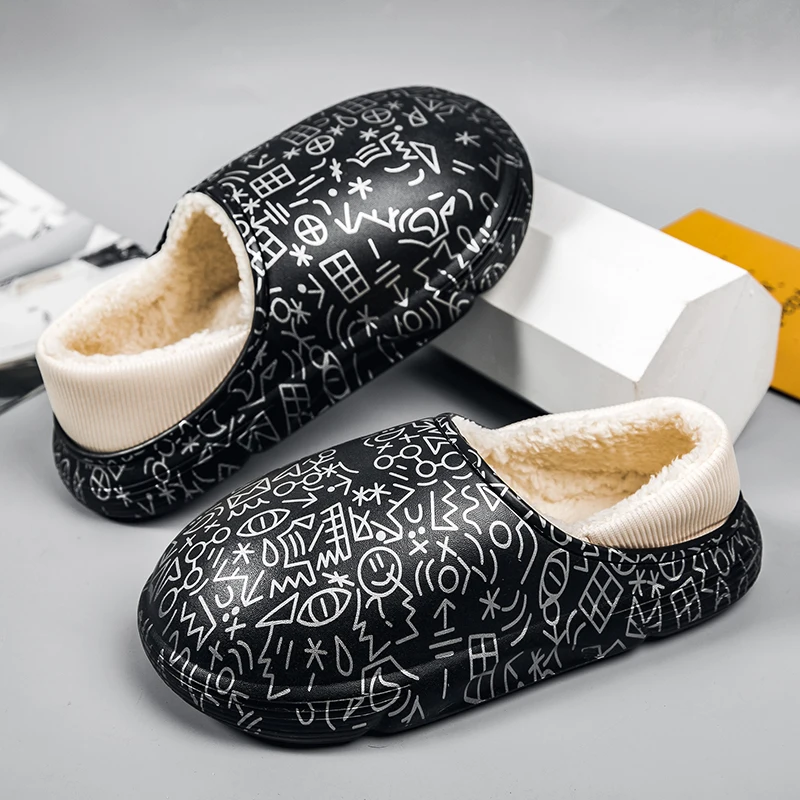 

House Shoe Slide for Man Slippers Winter Home Indoor Black Cotton Flat Slip-on Round Toe Waterproof Comfortable Rubber Footwear