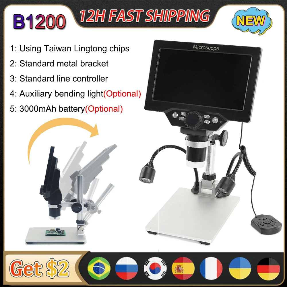 Microscopio B1200 Microscopi Digitali Schermo Da 7 "12Mp 1-1200X Microscopio Elettronico Lente D'Ingrandimento Ad Amplificazione Continua Trinoculare