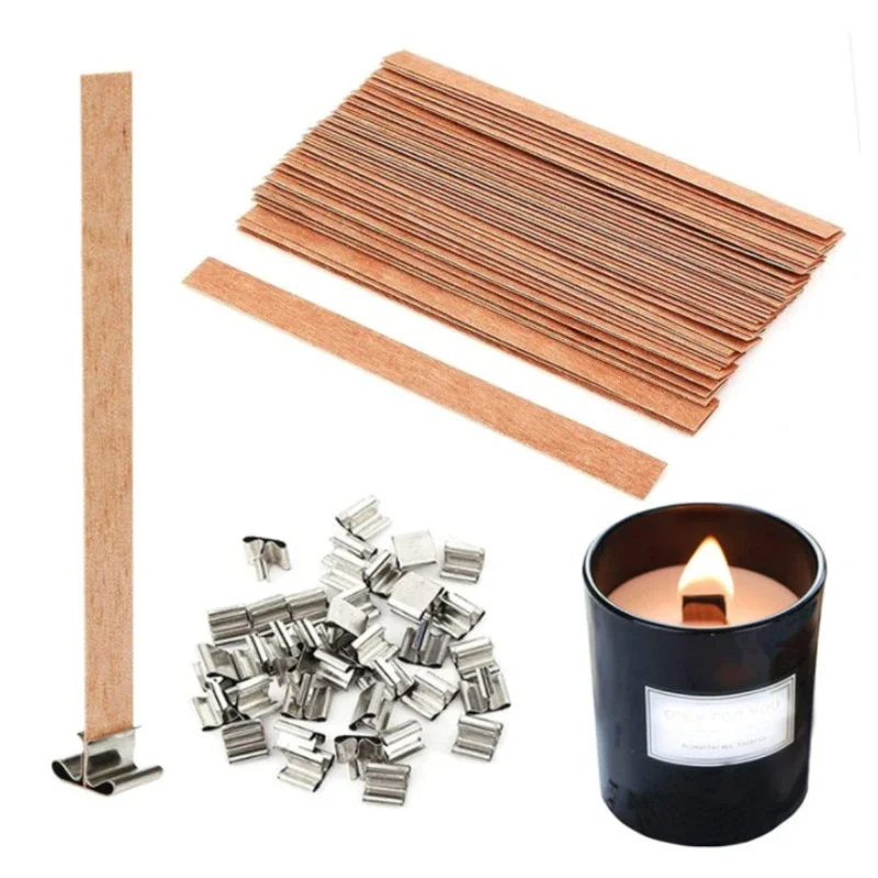 Wooden Candle Wicks,50 Pcs 5.1 X 0.51 Inch Natural Smokeless Wood Wicks  with Iron Stand Candle Cores for DIY Candle Making Craft.