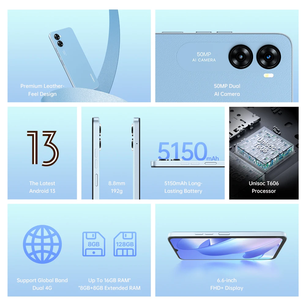 Global UMIDIGI G3 MAX Ultra-thin 4G Smartphone 6.6Inch  8GB+128GB Android 13 Cell Phone Android 13 50MP 5150mAh 10W Quick Charge