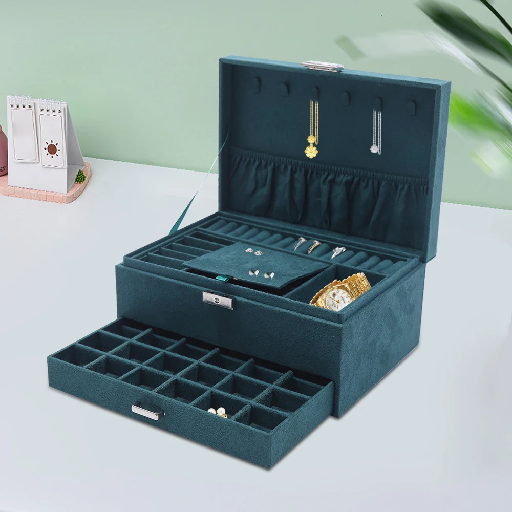Jewelry Organizer Box Velvet 3 Layers Green Flannel Ring Necklace Makeup Holder For Christmas Present