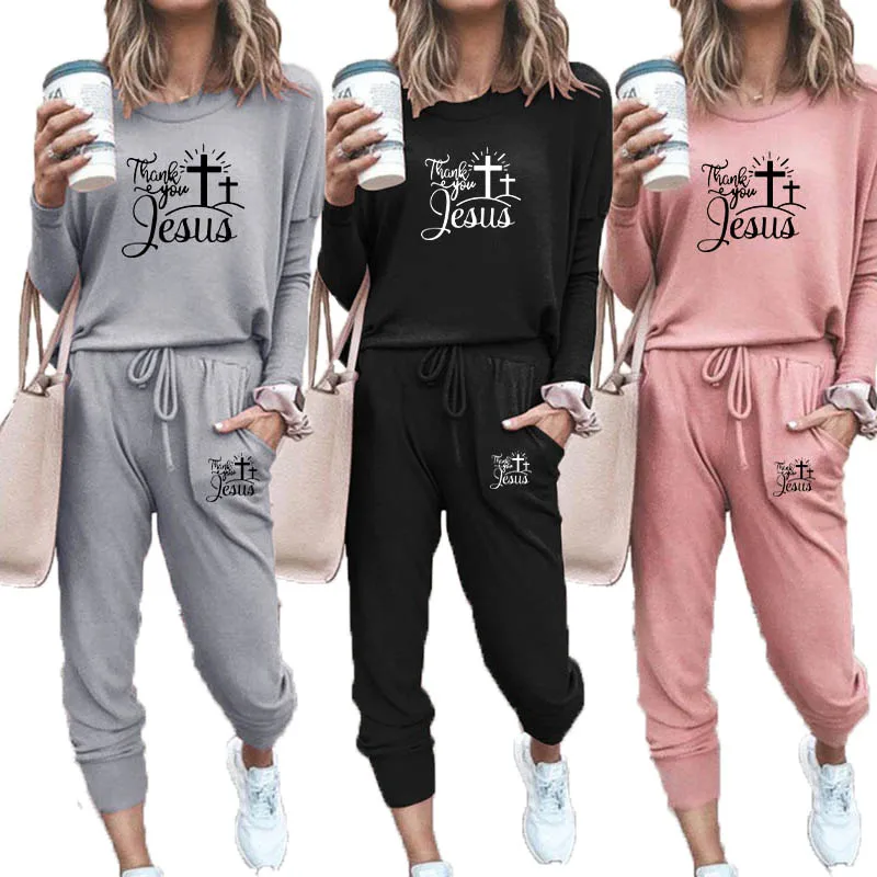 Tuveke autumn and winter new women's Jesus Christ teaching printing shrink-sleeved sports jogging suit solid color casual loose ogkb 2 piece suit men hot sale autumn winter new flower skull 3d printing harajuku hoodie and jogging pants plus size drop ship