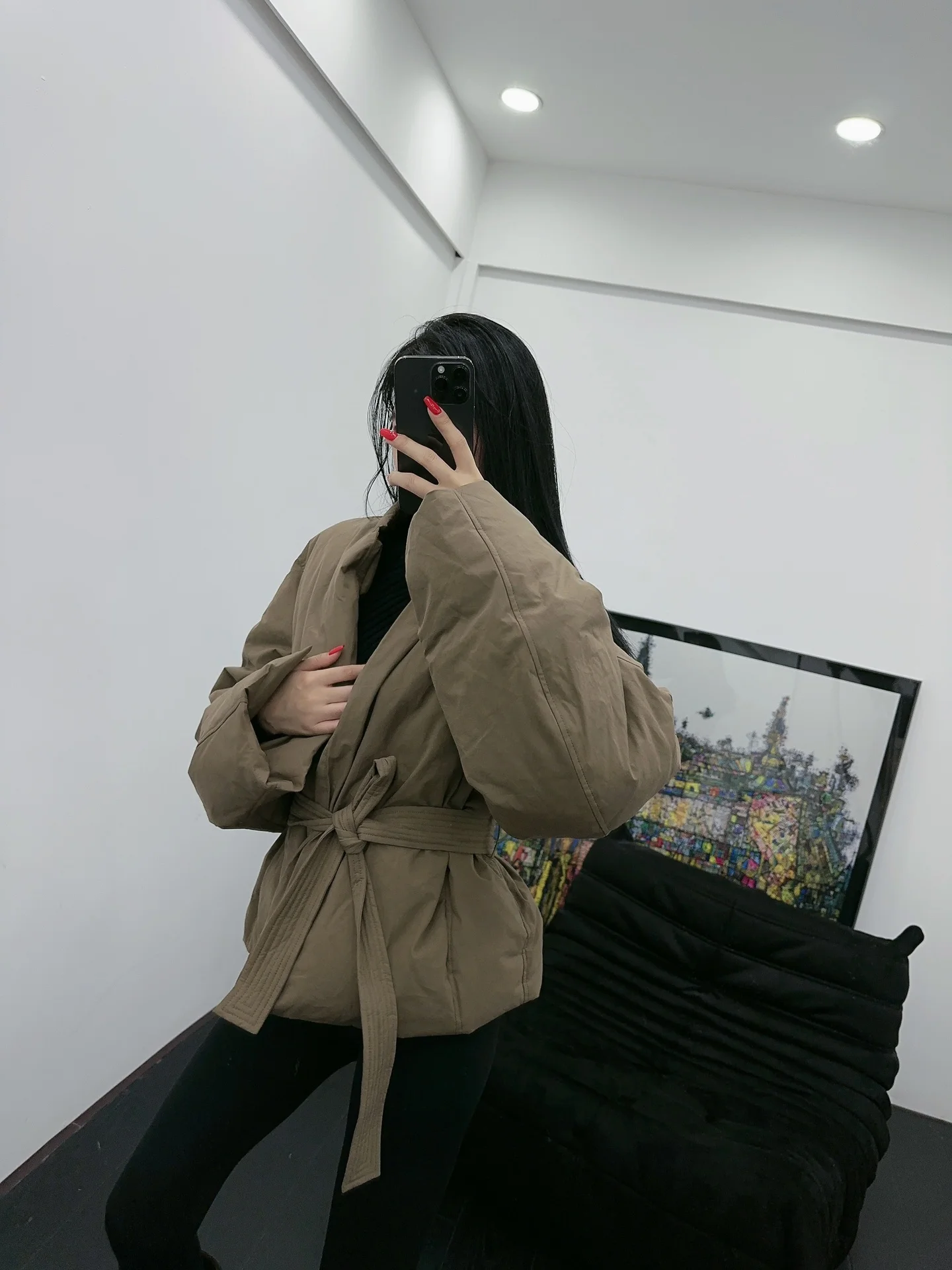 Fashion new belted v-neck down jacket 0119