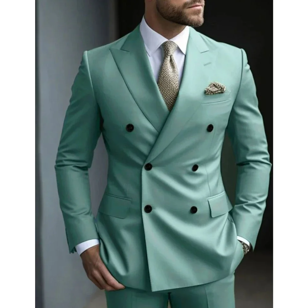 Mint Green Double Breasted Men's Suits Six-buttons 2 Piece Set Blazer Pant Custom Made Wedding Tuxedos Male Prom Party Suits 1