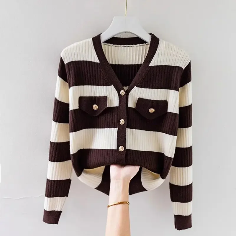 

Korean Fashion Women Cootrast Cardigan Striped Sweater Spring Autumn V-neck Versatile Casual Long Sleeve Chic Knitted Coat Top