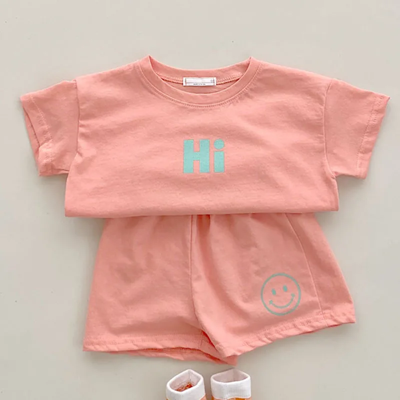 Baby Clothing Set for girl Baby Clothes Girls Candy Color Cotton Casual Short Sleeve Suit Boys Baby Letters Smiley Print T-Shirt Shorts Casual Suit baby clothes in sets	